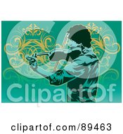 Royalty Free RF Clipart Illustration Of A Green Male Violinist Over Green With Orange Vines by mayawizard101