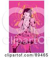 Poster, Art Print Of Pink Female Singer With A Microphone Over Pink With Orange Vines