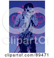 Poster, Art Print Of Blue Male Singer With A Microphone Over Blue With Pink Vines