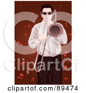 Poster, Art Print Of Man Playing A Trombone Over Red With Music Notes