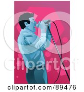 Poster, Art Print Of Blue Male Singer Leaning Back And Holding Onto A Microphone Stand