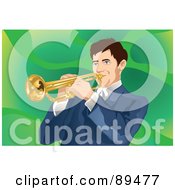 Poster, Art Print Of Man Playing A Trumpet Over Green