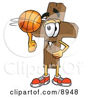 Wooden Cross Mascot Cartoon Character Spinning A Basketball On His Finger