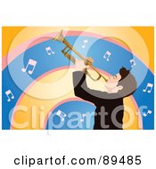 Man Playing A Trumpet Over Orange Pink And Blue Music Note Arches