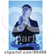 Poster, Art Print Of Blue Man Playing The Clarinet With Music Notes Over Blue