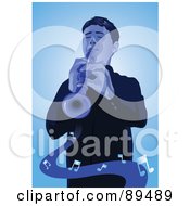 Royalty Free RF Clipart Illustration Of A Blue Man Playing The Clarinet With Music Notes Over Blue