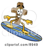 Poster, Art Print Of Wooden Cross Mascot Cartoon Character Surfing On A Blue And Yellow Surfboard
