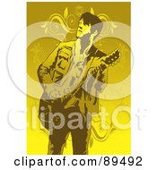 Poster, Art Print Of Yellow Male Guitarist Looking Up And To The Left