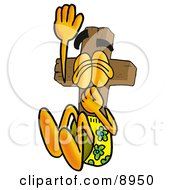 Wooden Cross Mascot Cartoon Character Plugging His Nose While Jumping Into Water
