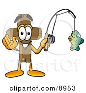 Wooden Cross Mascot Cartoon Character Holding A Fish On A Fishing Pole