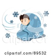 Sick Man Shivering In A Blanket Surrounded By Snowflakes