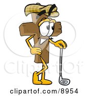 Wooden Cross Mascot Cartoon Character Leaning On A Golf Club While Golfing