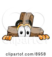 Wooden Cross Mascot Cartoon Character Peeking Over A Surface