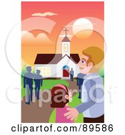 Poster, Art Print Of Father And Daughter Walking To Church At Dawn