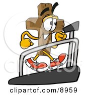 Wooden Cross Mascot Cartoon Character Walking On A Treadmill In A Fitness Gym