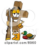 Wooden Cross Mascot Cartoon Character Duck Hunting Standing With A Rifle And Duck