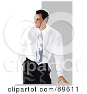 Royalty Free RF Clipart Illustration Of A Businessman With One Hand On A Desk Smiling And Looking Left