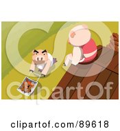 Poster, Art Print Of Pig Sitting On A Roof Looking Down At Another Pushing Bricks In A Wheelbarrow