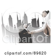 Royalty Free RF Clipart Illustration Of A Business Woman And Man Shaking Hands Under Urban Skyscrapers