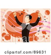 Royalty Free RF Clipart Illustration Of A Happy Male Conductor Directing A Band Over Orange With Music Notes by mayawizard101