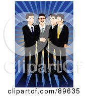 Poster, Art Print Of Team Of Four Professional Business Men With Piled Hands Over A Blue Burst