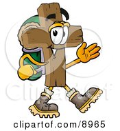 Wooden Cross Mascot Cartoon Character Hiking And Carrying A Backpack