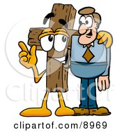 Wooden Cross Mascot Cartoon Character Talking To A Business Man