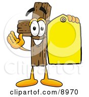 Clipart Picture Of A Wooden Cross Mascot Cartoon Character Holding A Yellow Sales Price Tag