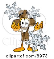 Wooden Cross Mascot Cartoon Character With Three Snowflakes In Winter
