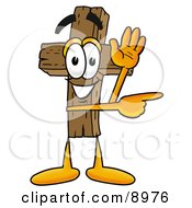 Poster, Art Print Of Wooden Cross Mascot Cartoon Character Waving And Pointing