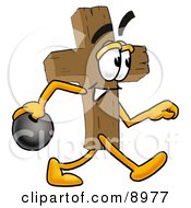 Clipart Picture Of A Wooden Cross Mascot Cartoon Character Holding A Bowling Ball by Toons4Biz