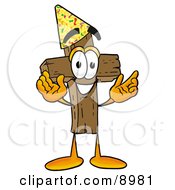 Wooden Cross Mascot Cartoon Character Wearing A Birthday Party Hat