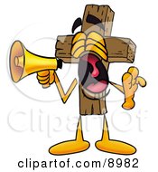 Wooden Cross Mascot Cartoon Character Screaming Into A Megaphone