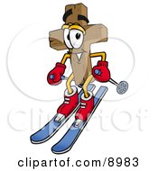 Wooden Cross Mascot Cartoon Character Skiing Downhill