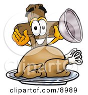 Poster, Art Print Of Wooden Cross Mascot Cartoon Character Serving A Thanksgiving Turkey On A Platter