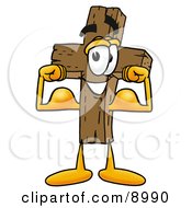Poster, Art Print Of Wooden Cross Mascot Cartoon Character Flexing His Arm Muscles