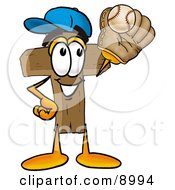 Poster, Art Print Of Wooden Cross Mascot Cartoon Character Catching A Baseball With A Glove
