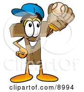 Wooden Cross Mascot Cartoon Character Catching A Baseball With A Glove