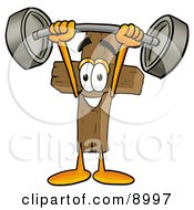 Clipart Picture Of A Wooden Cross Mascot Cartoon Character Holding A Heavy Barbell Above His Head by Mascot Junction #COLLC8997-0015