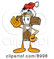 Poster, Art Print Of Wooden Cross Mascot Cartoon Character Wearing A Santa Hat And Waving
