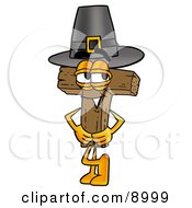 Poster, Art Print Of Wooden Cross Mascot Cartoon Character Wearing A Pilgrim Hat On Thanksgiving