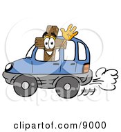 Poster, Art Print Of Wooden Cross Mascot Cartoon Character Driving A Blue Car And Waving