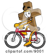 Clipart Picture Of A Wooden Cross Mascot Cartoon Character Riding A Bicycle