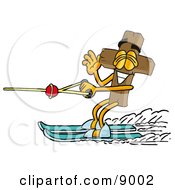 Wooden Cross Mascot Cartoon Character Waving While Water Skiing