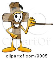 Clipart Picture Of A Wooden Cross Mascot Cartoon Character Holding A Pointer Stick by Toons4Biz