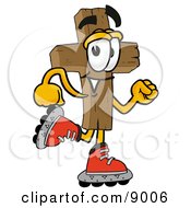 Wooden Cross Mascot Cartoon Character Roller Blading On Inline Skates