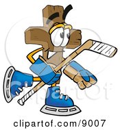 Clipart Picture Of A Wooden Cross Mascot Cartoon Character Playing Ice Hockey