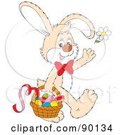 Royalty Free RF Clipart Illustration Of A Friendly Beige Easter Bunny Carrying A Basket Of Eggs And Tossing A Flower