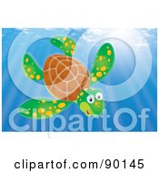 Royalty-Free (RF) Clipart Illustration of a Wild Sea Turtle Swimming In Blue Water With Light Shining Down by Alex Bannykh #COLLC90145-0056