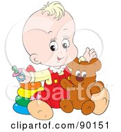 Poster, Art Print Of Blond Baby Playing With A Teddy Bear And Rings